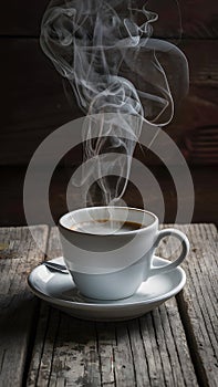 Hot coffee steams on rustic wooden table, cozy morning