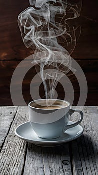 Hot coffee steams on rustic wooden table, cozy morning