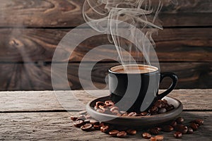 Hot coffee steams on rustic wooden table, cozy morning