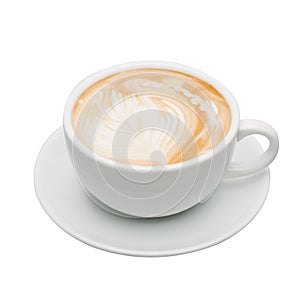 Hot coffee  topped with a art milk in white glass on a white background with clipping path