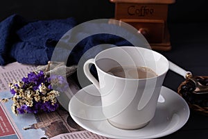 Hot coffee in white ceramic mug
