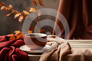 Hot coffee in a white coffee cup and coffee beans sitting by the window on a wooden table in a warm, bright atmosphere on a dark