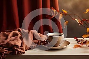 Hot coffee in a white coffee cup and coffee beans sitting by the window on a wooden table in a warm, bright atmosphere on a dark