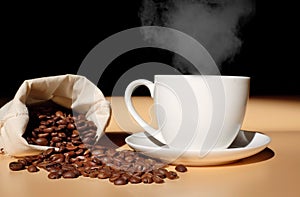 Hot coffee in a white cup is placed on the table with a bag of coffee beans on a dark background.