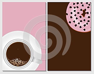 Hot coffee White mug and Donut pink strawberries glazed and chocolate chips topping in brown  and pink background  frame for print