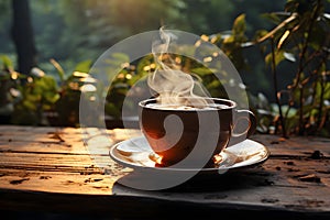 Hot coffee, white smoke indicates the heat of the coffee. On a wooden counter amidst nature The light hits the beautiful wooden