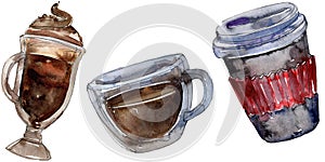 Hot and cold coffee drinks. Watercolor background illustration set. Isolated drinks illustration element.