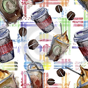 Hot and cold coffee drinks. Watercolor background illustration set. Seamless background pattern.