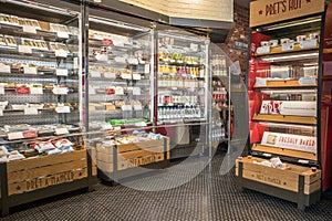 Hot and cold food in heated and chilled display units in cafe style fast food shop store.  Pret A Manger