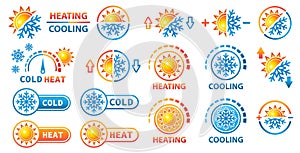 Hot and cold, heating, cooling temperature climate control icon set. Snow winter, sun summer weather. Warm, freeze sensor. Vector