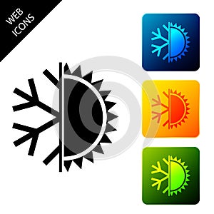 Hot and cold symbol. Sun and snowflake icon isolated. Winter and summer symbol. Set icons colorful square buttons