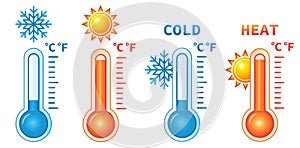 Hot and cold temperature thermometer, heat and cool measuring scale icon set. Warm sun summer, snow frozen winter weather. Vector