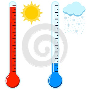 Hot and cold thermometer icon set.