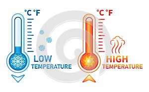 Hot and cold thermometer icon set. Low and high temperature on sÑale. Control cooling and heating. Vector