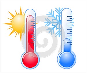 Hot and cold thermometer icon with sun and snowflake. Vector illustration