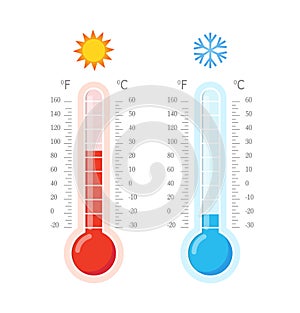 Hot and cold thermometers. Blue and red thermometers. Celsius and fahrenheit meteorology thermometers measuring heat and cold.