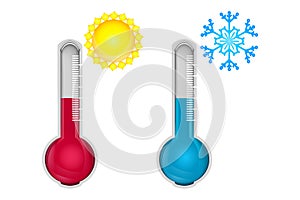 Hot and cold thermometers isolated on white background. Low and high temperature sign.