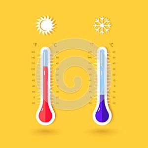 Hot and cold weather. Celsius or Fahrenheit thermometer scales. Warm temperature degree. Summer and winter. Heat or