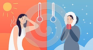 Hot and cold weather concept with thermometers and cartoon character in seasonal clothing. Woman sweating, freezing