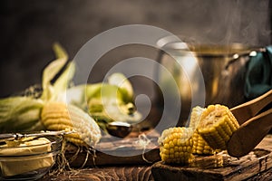 Hot corn on the cob with butter