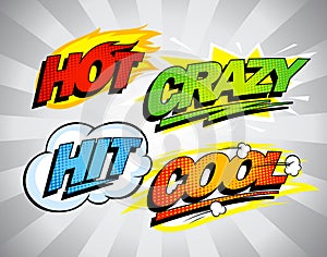 Hot, crazy, hit, cool pop-art symbols.