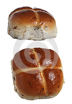 Hot cross bun in two angle view isolated on white