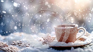 A hot cup of cocoa served on a tray made entirely of ice with snowflakes falling gently outside. 2d flat cartoon photo