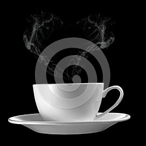 Hot Cup of Coffee with heart shape smoke on Black Backgro