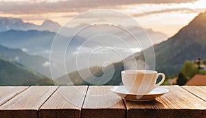 Hot cup of coffee on wooden table with mountain landscape in background