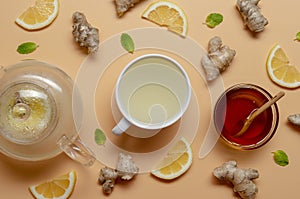 Hot cup of ginger tea with honey, home healing