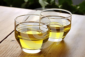a hot cup of green tea alongside a glass of chilled white wine