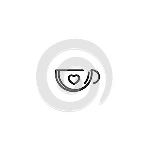 Hot cup with heart icon. Mug with tea or coffee icon flat. Black line pictogram isolated on white background