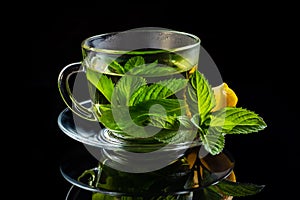 Hot cup of tea with fresh mint leaf on black background