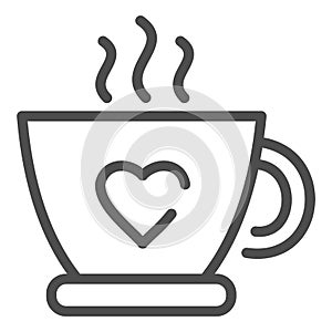 Hot cup of tea line icon. Mug with heart and steam vector illustration isolated on white. Coffee cup outline style