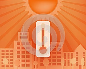 Hot day in the city with thermometer. Vector summer concept.