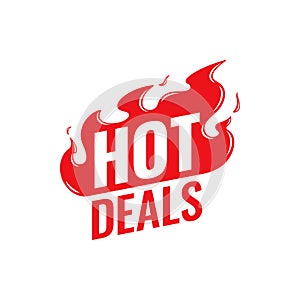 Hot Deals vector icon. Flat promotion fire banner, price tag, hot deal, sale, offer, price. Isolated on a white background photo