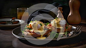 Hot Delicious Eggs Benedict Breakfast Plate on Table - Generative AI