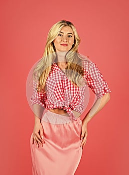 Hot desirable blonde. Playful lady on red background. Pin up mood. Sexy woman wear pin up clothes set. Attractive blonde