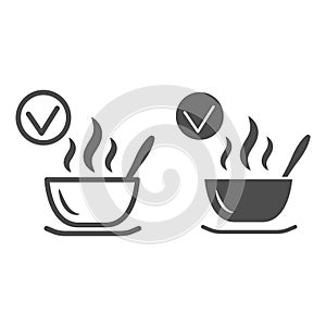 Hot dish with check mark line and solid icon, International dentist day concept, No hypersensitivity tooth sign on white