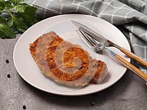 Hot dish - pork chop in breadcrumbs on a plate in a restaurant