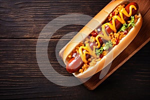 hot dog bar-b-q american meat fast background sausage bread food sauce. Generative AI.