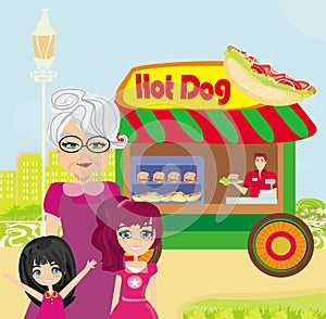 Hot dog booth stand in the city