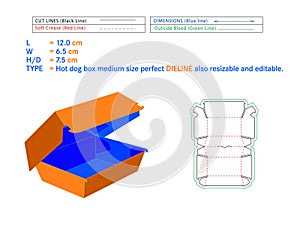 Hot dog box medium size perfect dieline 12 x 6.5 x 7.5 cm box Die-cut template