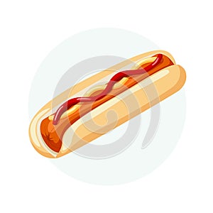 Hot Dog with bread sausage ketchup and mustard. Cartoon fast food banner. Vector illustration