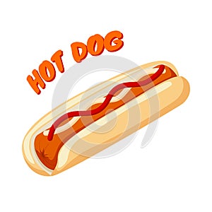 Hot Dog with bread sausage ketchup and mustard. Fast food banner. Vector illustration isolated on white