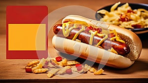 Hot dog, bun with sausage in craft paper packaging. street fast food takeaway, cafe banner with copy space place.