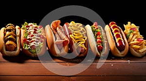 Hot dog, bun with sausage in craft paper packaging. street fast food takeaway, cafe banner with copy space place.
