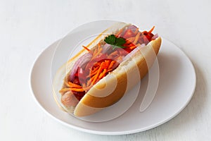 Hot dog with carrot on the white plate