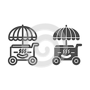 Hot Dog Cart line and solid icon, Street food concept, Retro fast food trolley wheel sign on white background, Hot dog