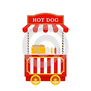 Hot dog cart. Vector illustration. Hotdog street kiosk. Flat design